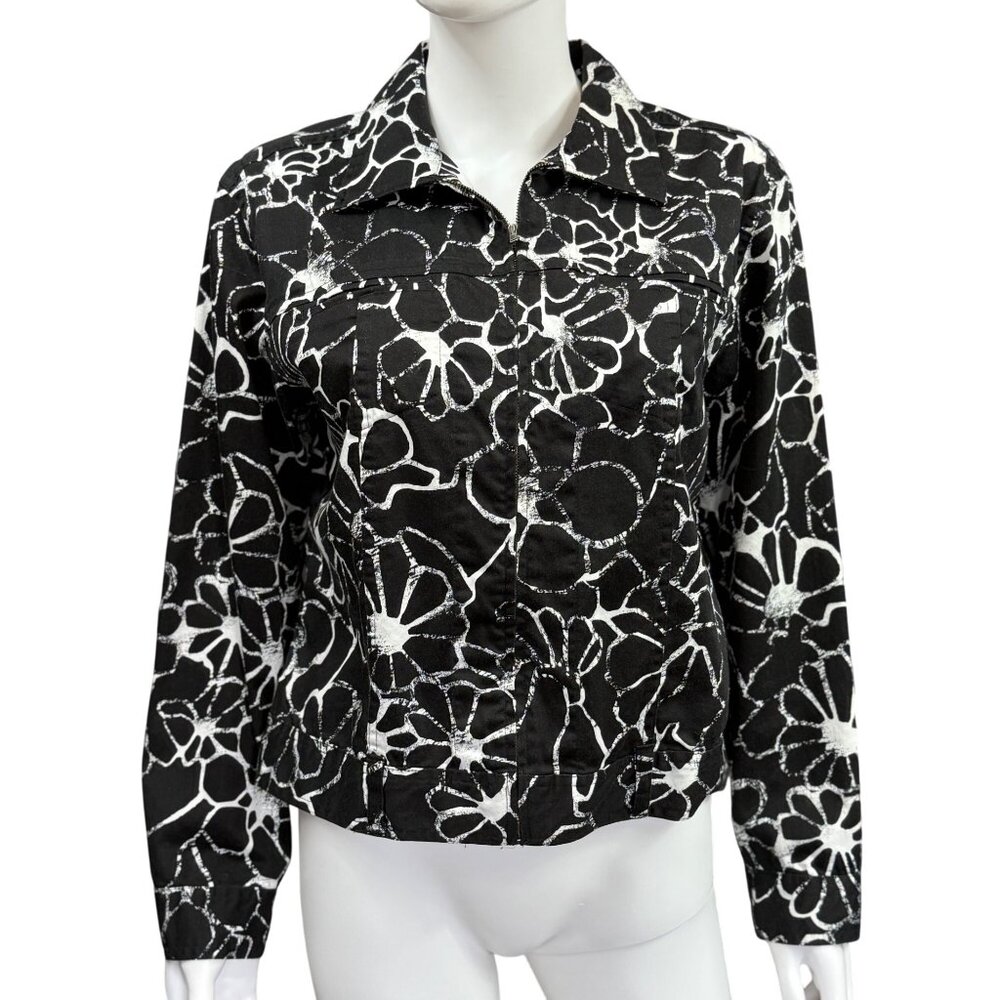 Chicos Black & White Floral Print Jacket Size 1/M Lightweight Casual Wear